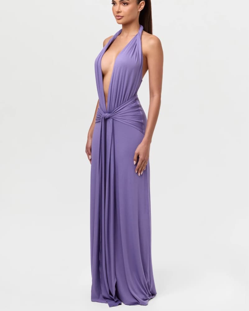 Smooth Halter Plunge Drape Tie Dress  - Image 2