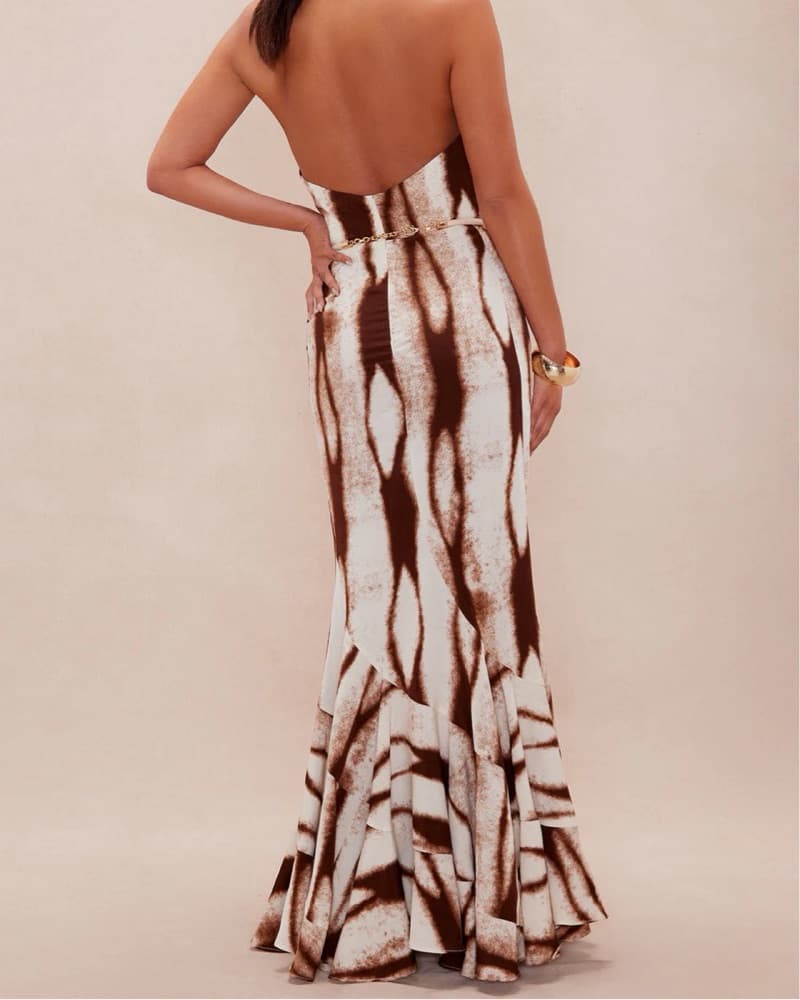 Brown & Cream Tie-Dye Halter Gown - Image 4