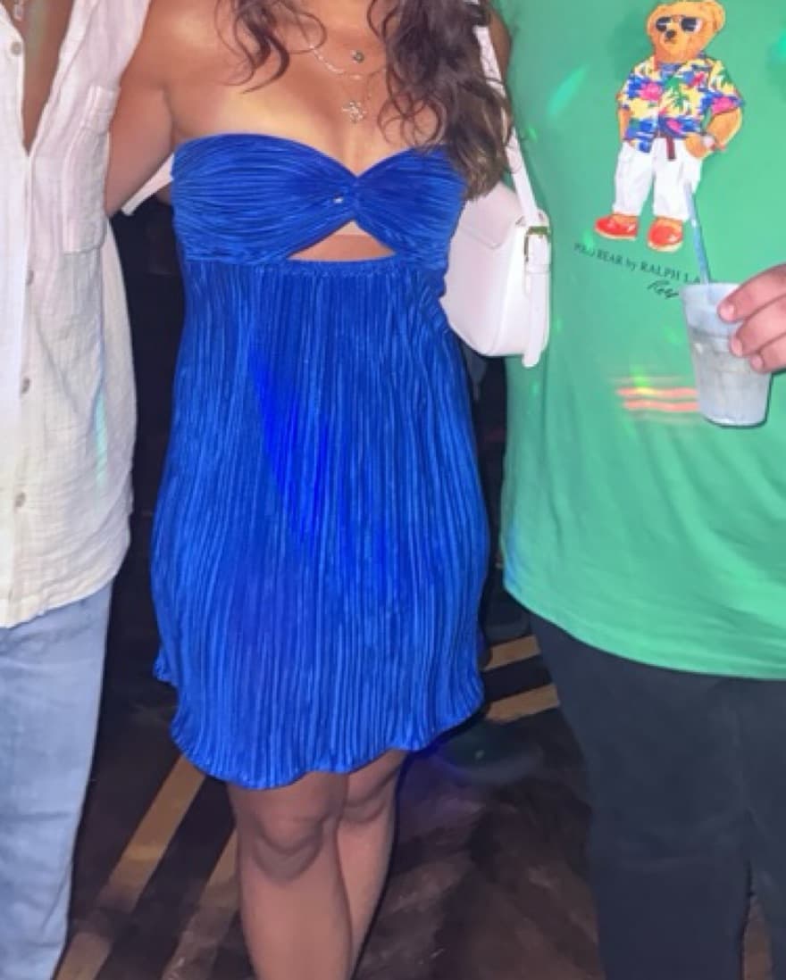 Vibrant Blue Pleated Strapless Dress - Image 5