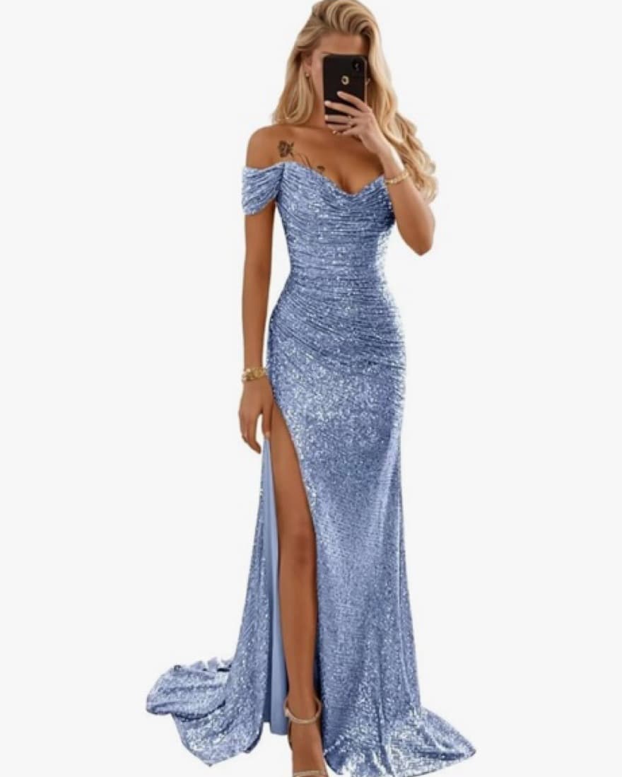 Off the shoulder baby blue sequin dress - Image 2