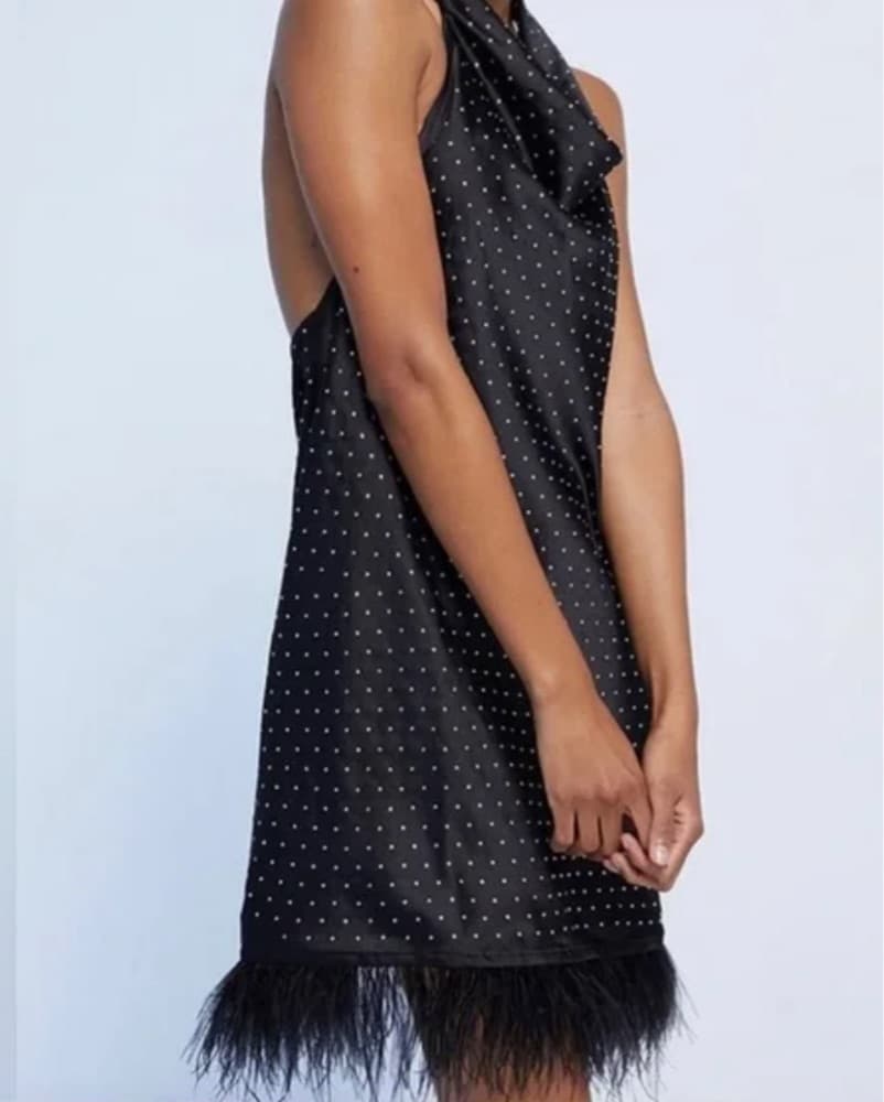 Black Feather Hem Rhinestone Mini Dress  - Image 3