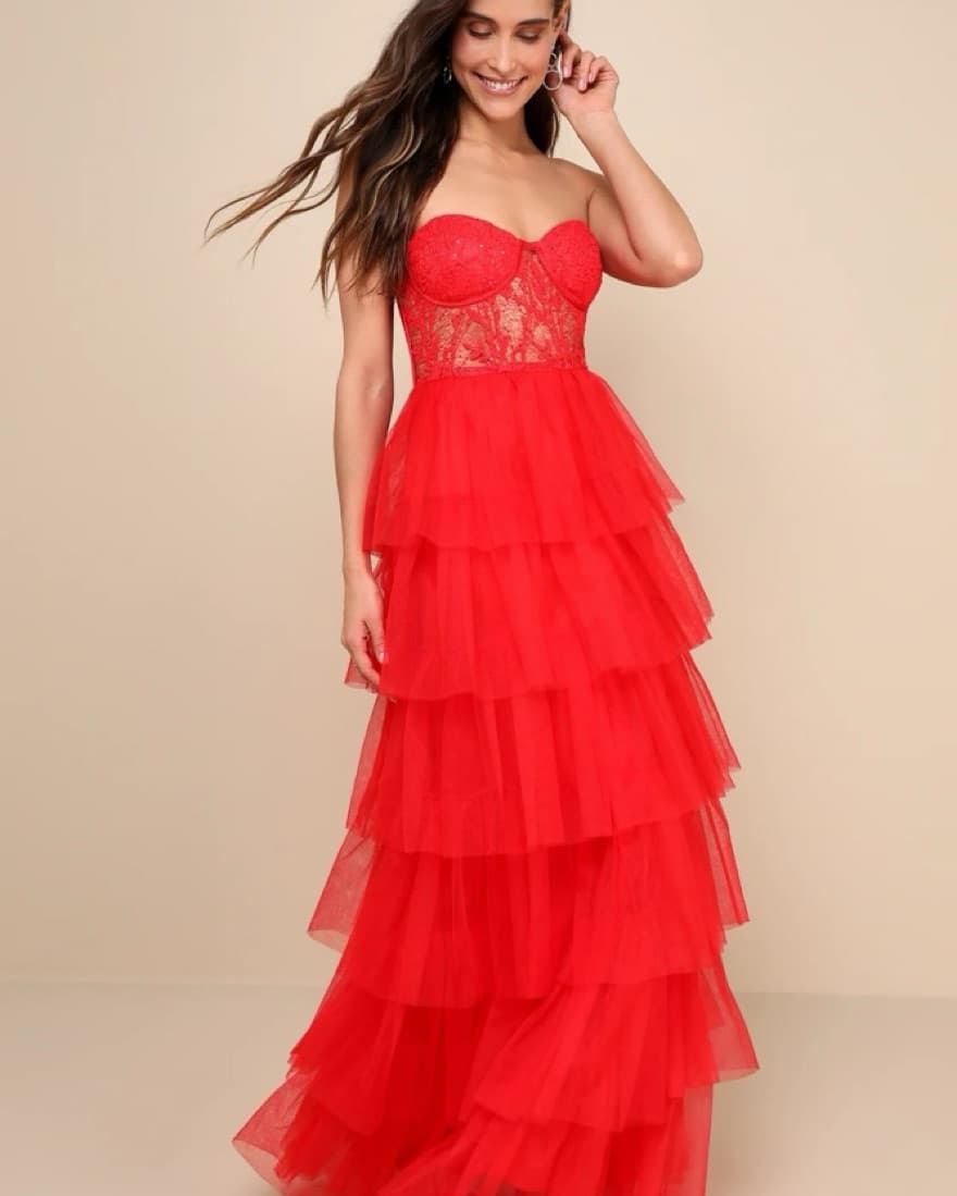 Red Tulle Lace Strapless Dress - Image 2