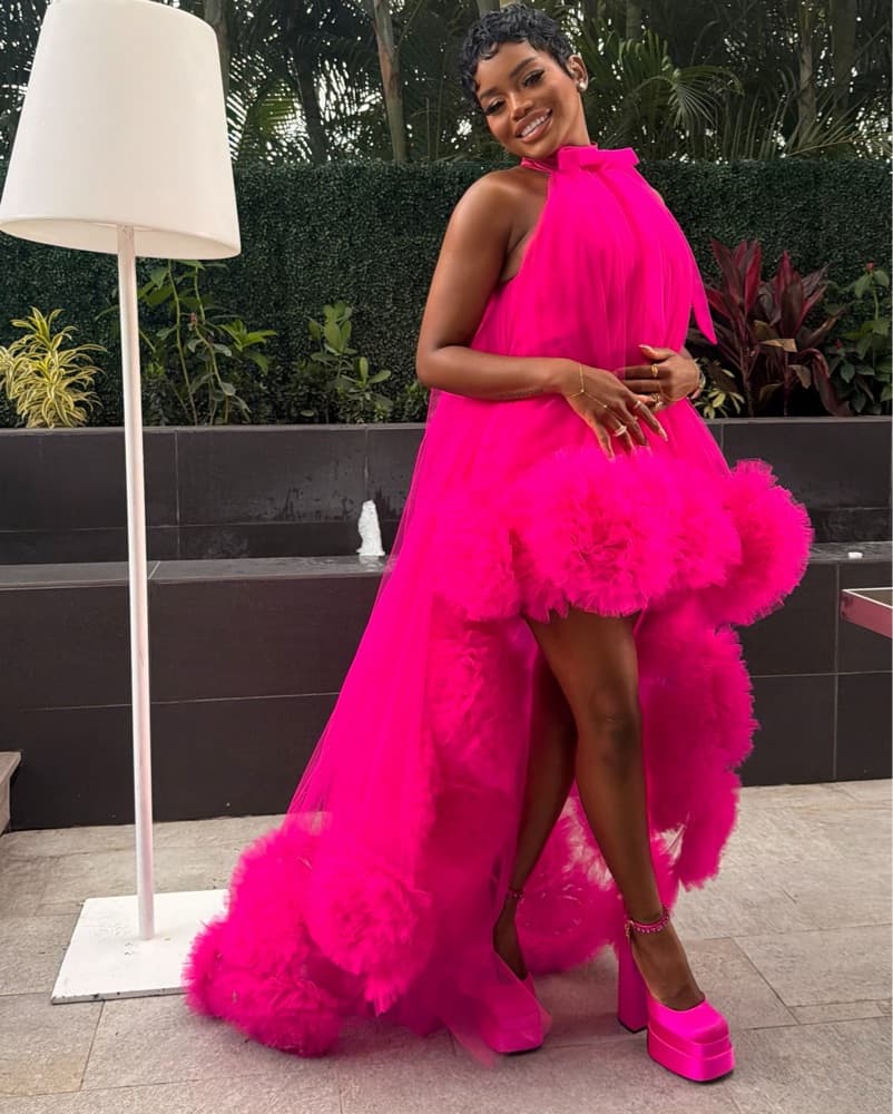 Vibrant Fuchsia Feathered Halter Gown - Image 2