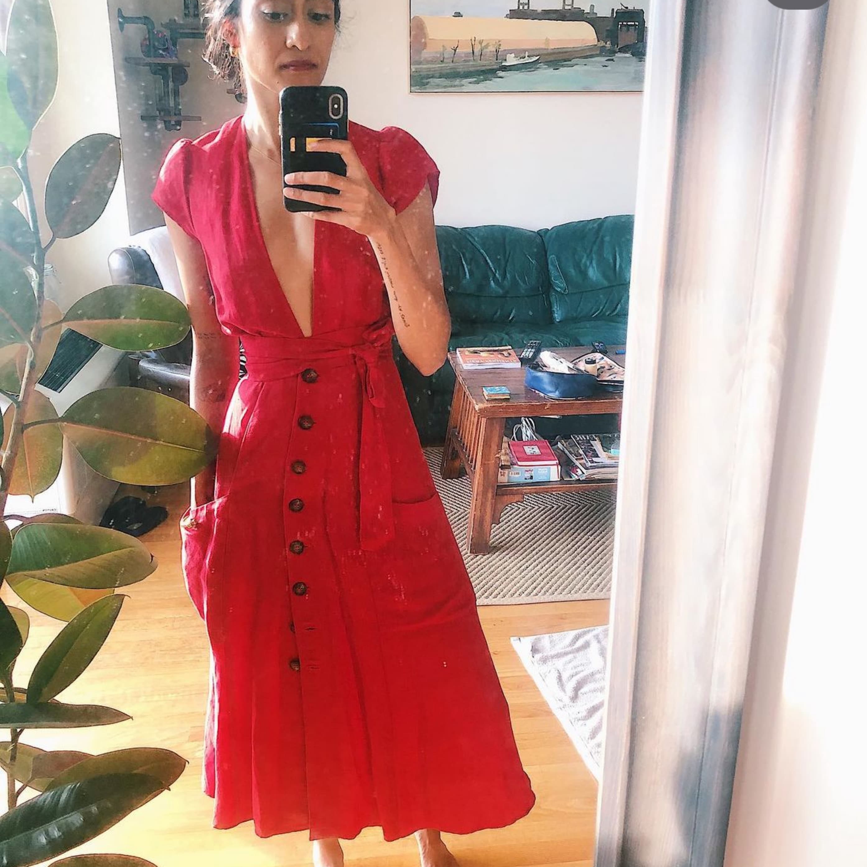 Reformation Red Linen Deep V Dress   - Image 1