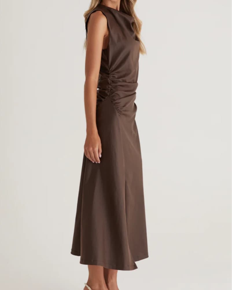Chocolate Ruched Midi Dress - Image 3