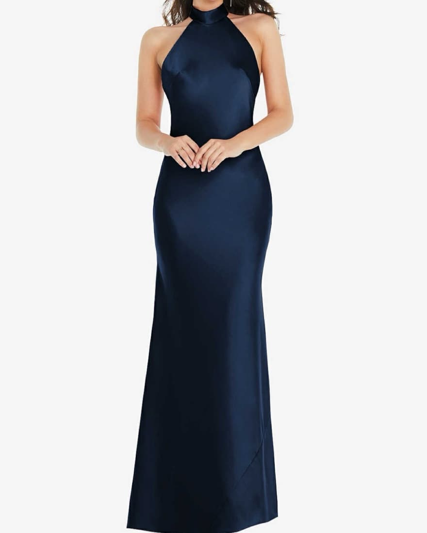 Navy Halter Satin Dress  - Image 1