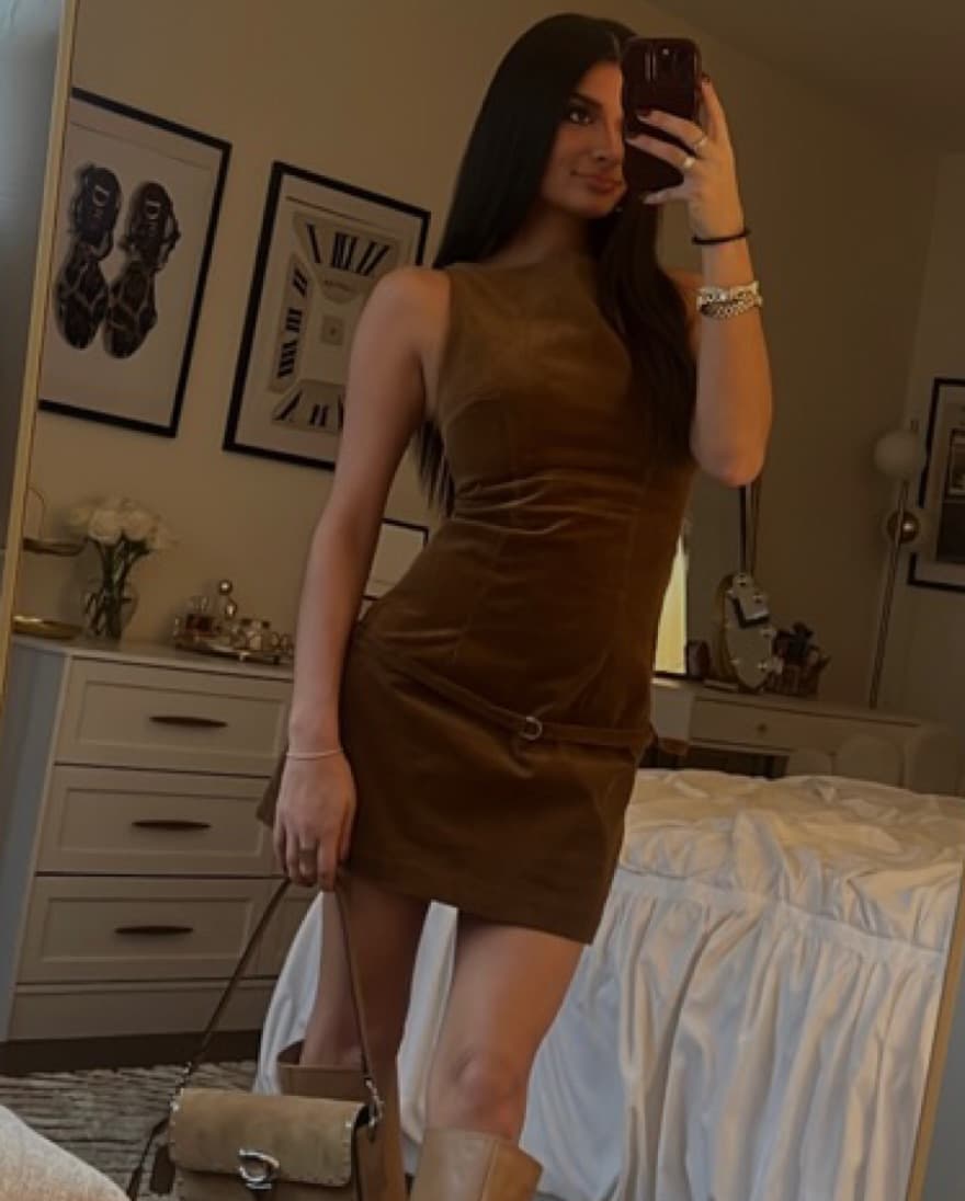 Corduroy Tan Dress With Belted Waist - Image 1