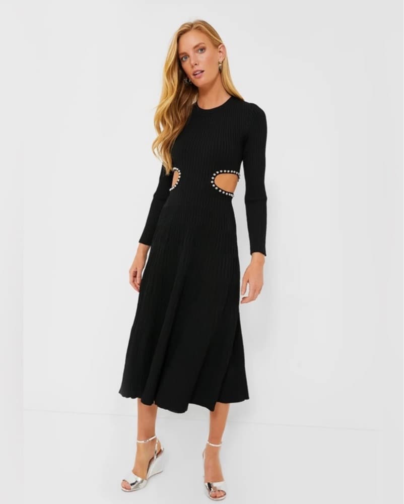 Chic Black Midi Dress with Embellished Cutouts - Image 1
