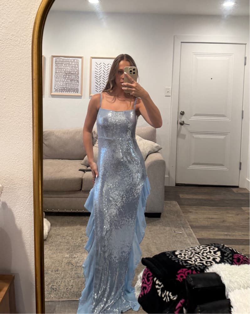 Ice Blue Sequin Formal Gown with Slit - Image 3