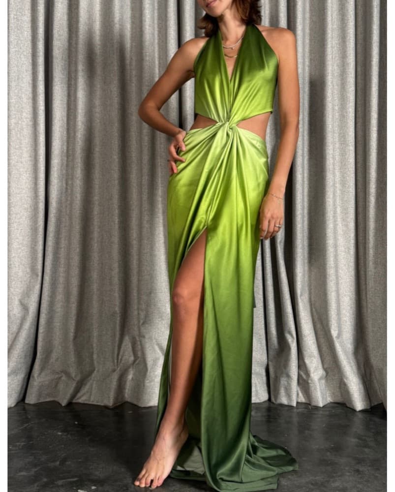Vibrant Lime Green Halter Maxi Dress - Image 2