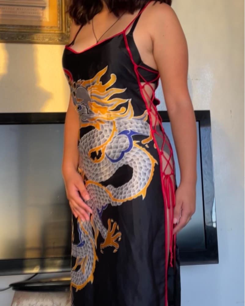 Dragon Print Black Lace Up Sides Dress - Image 3
