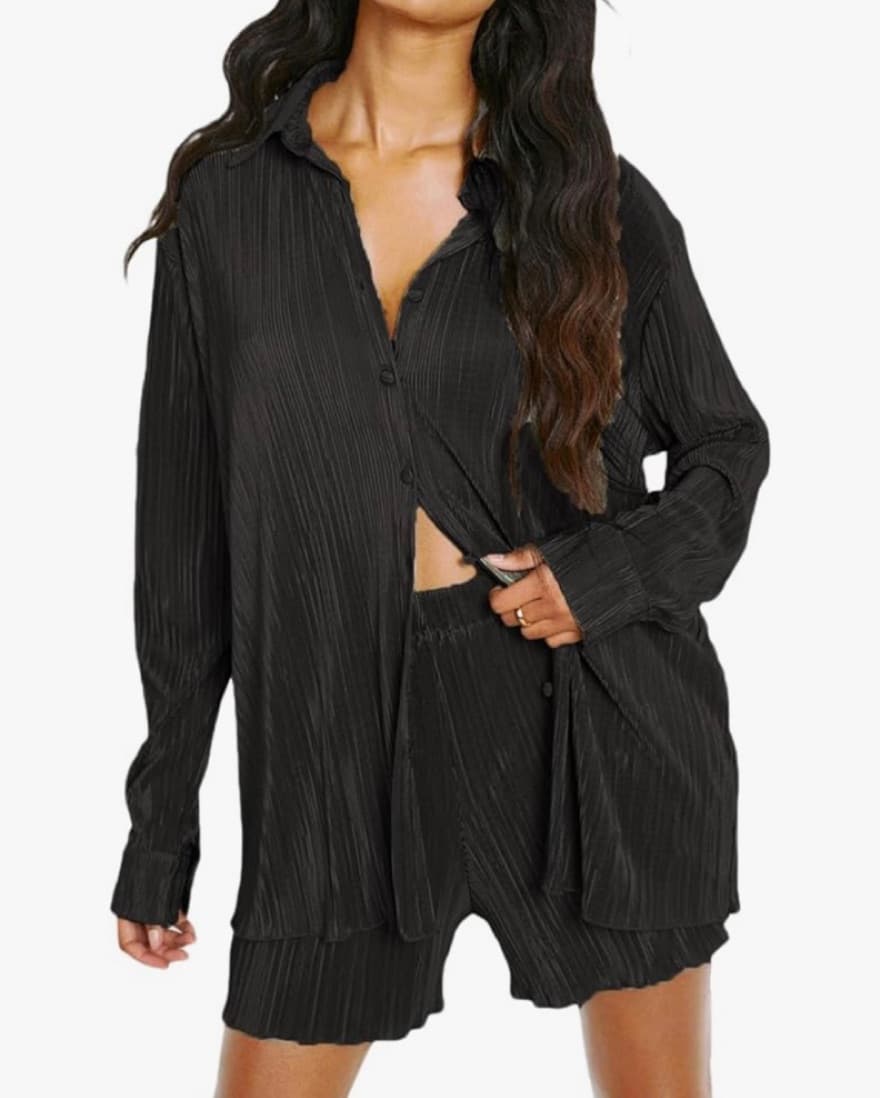 Black Pleated Top & Shorts Set  - Image 1
