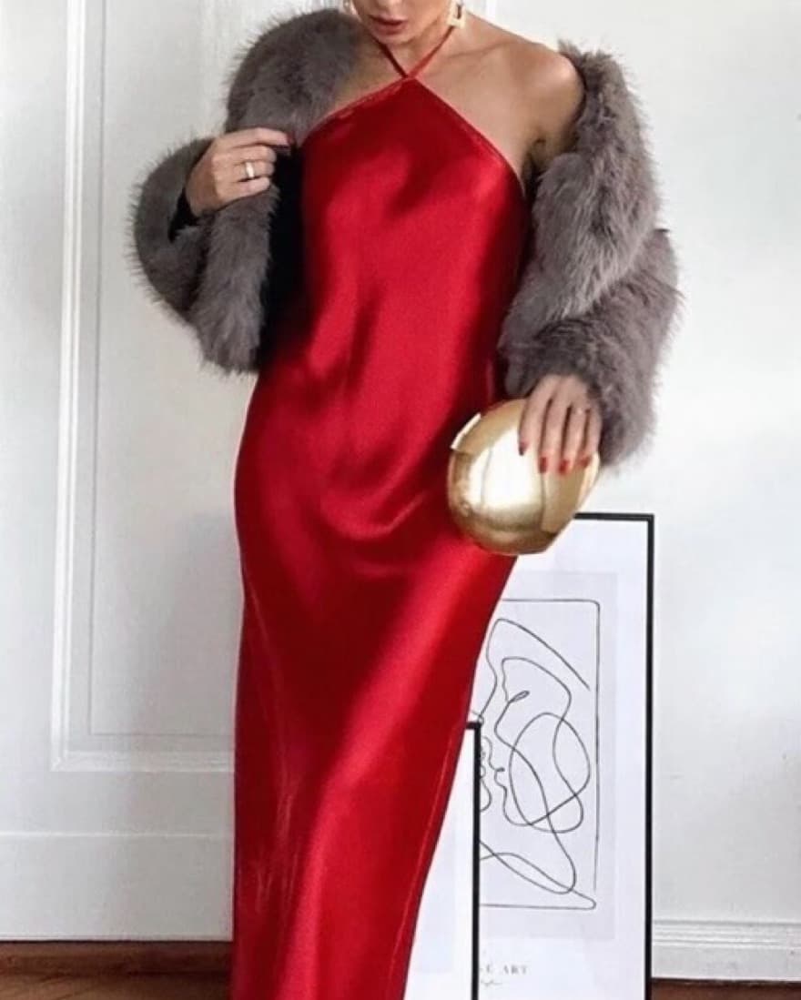 Zara Red Satin Halter Maxi Dress - Image 4