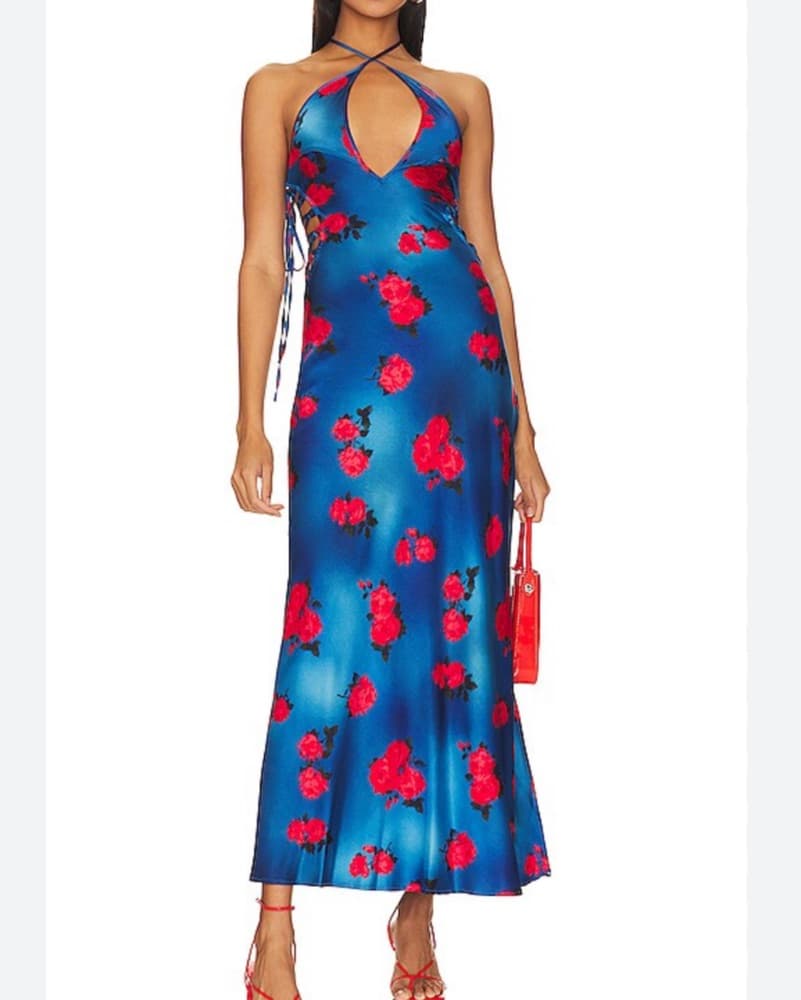 Blue Red Floral Silk Maxi Dress Mirae - Image 1