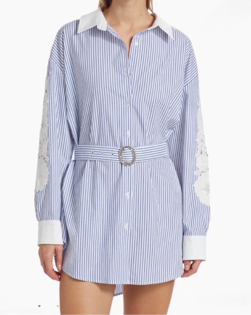 Striped Button-Down Shirtdress with Lace Detailing - Image 3