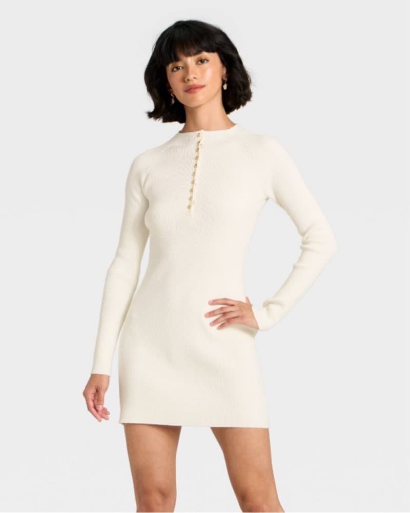 Long Sleeve Cream/White Sweater Dress - Image 1