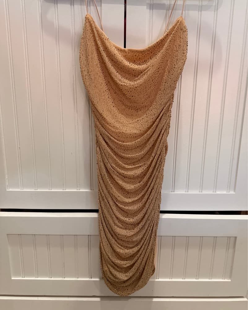 Oh Polly Gold Ruched Mini Dress - Image 3