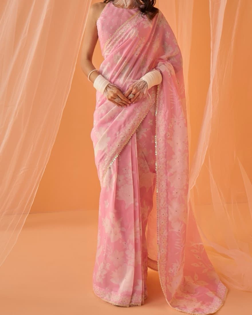 Pre-Stitched Pink White Floral Saree - Image 1