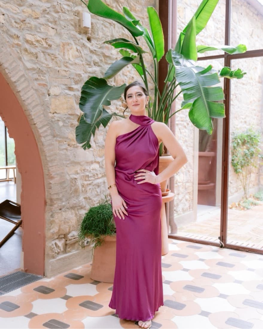 Backless Eggplant Dress With Cape - Image 4