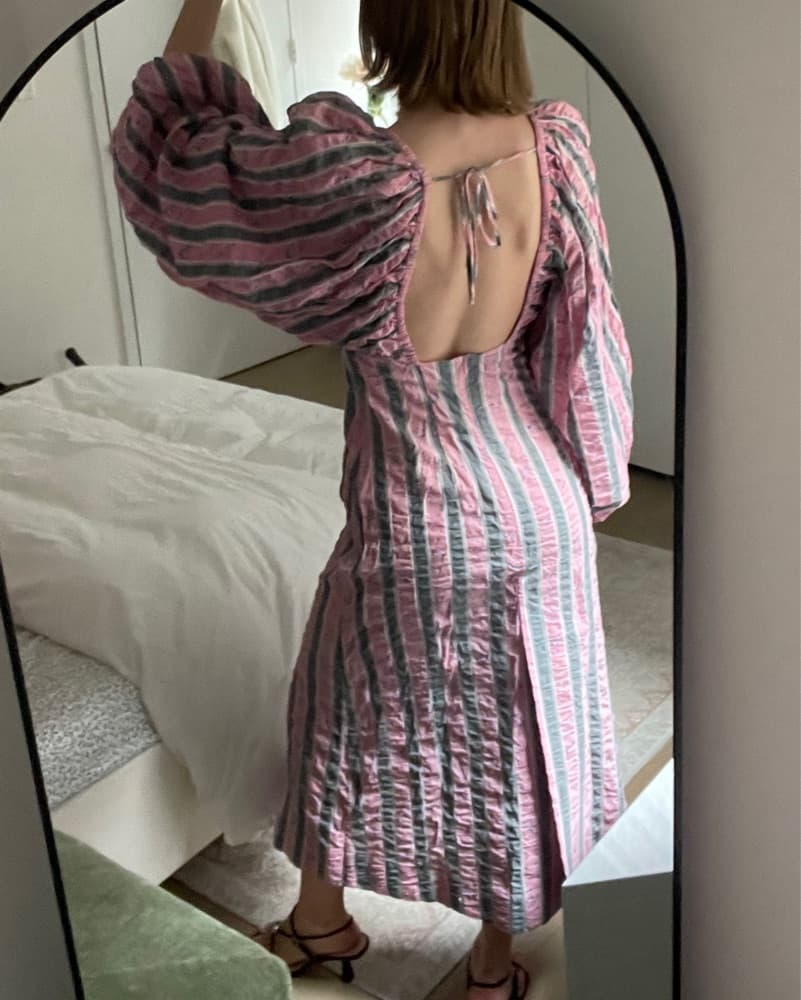 Ganni Striped Puff Sleeve Midi Dress - Image 5