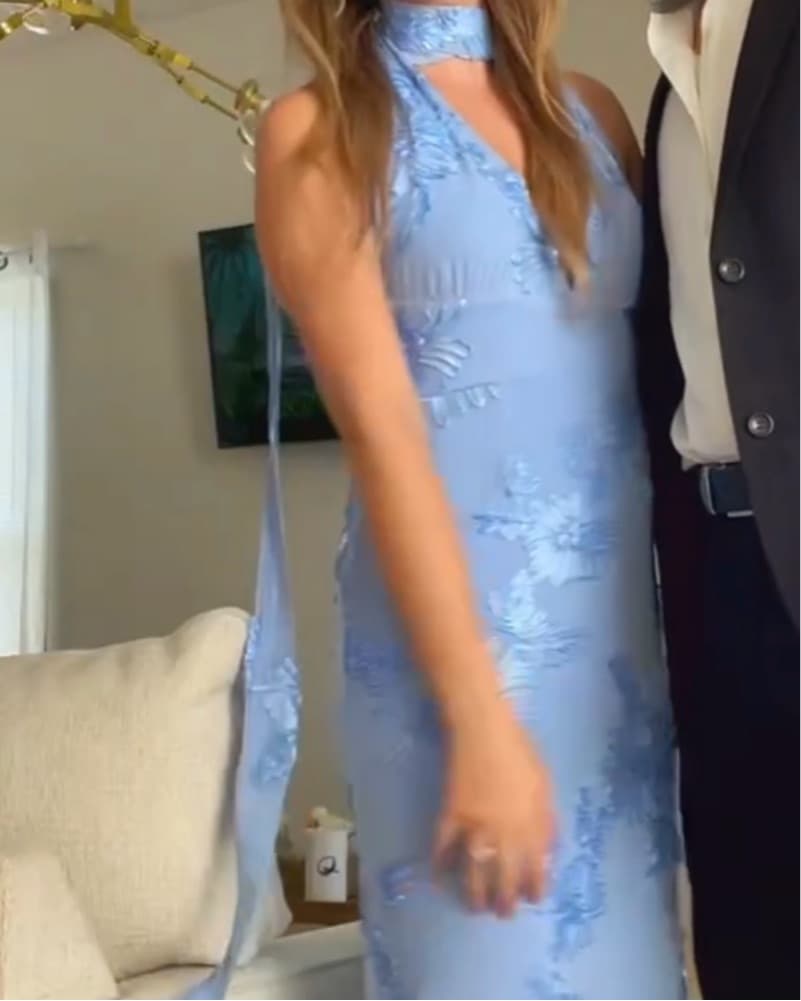 Blue Floral Formal Dress W/ Neck Scarf - Image 3