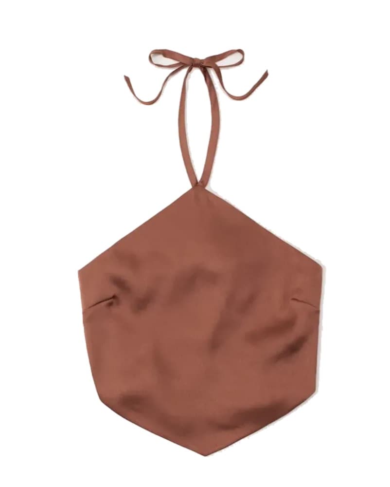 Brown Satin Halter Tie Top - Image 1
