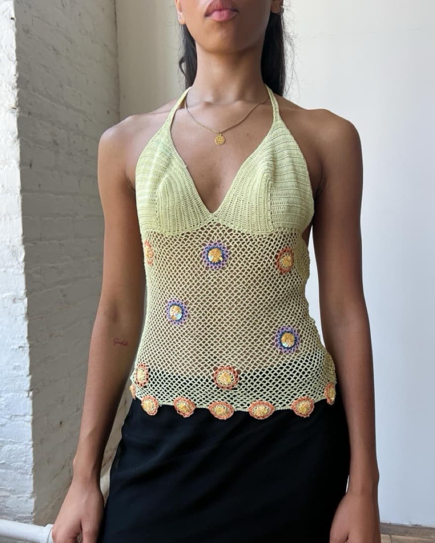 90’s Crochet Floral Embellished Halter - Image 2