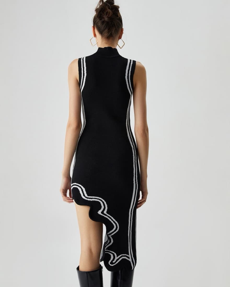 Striking Black and White Asymmetric Dress - Image 3