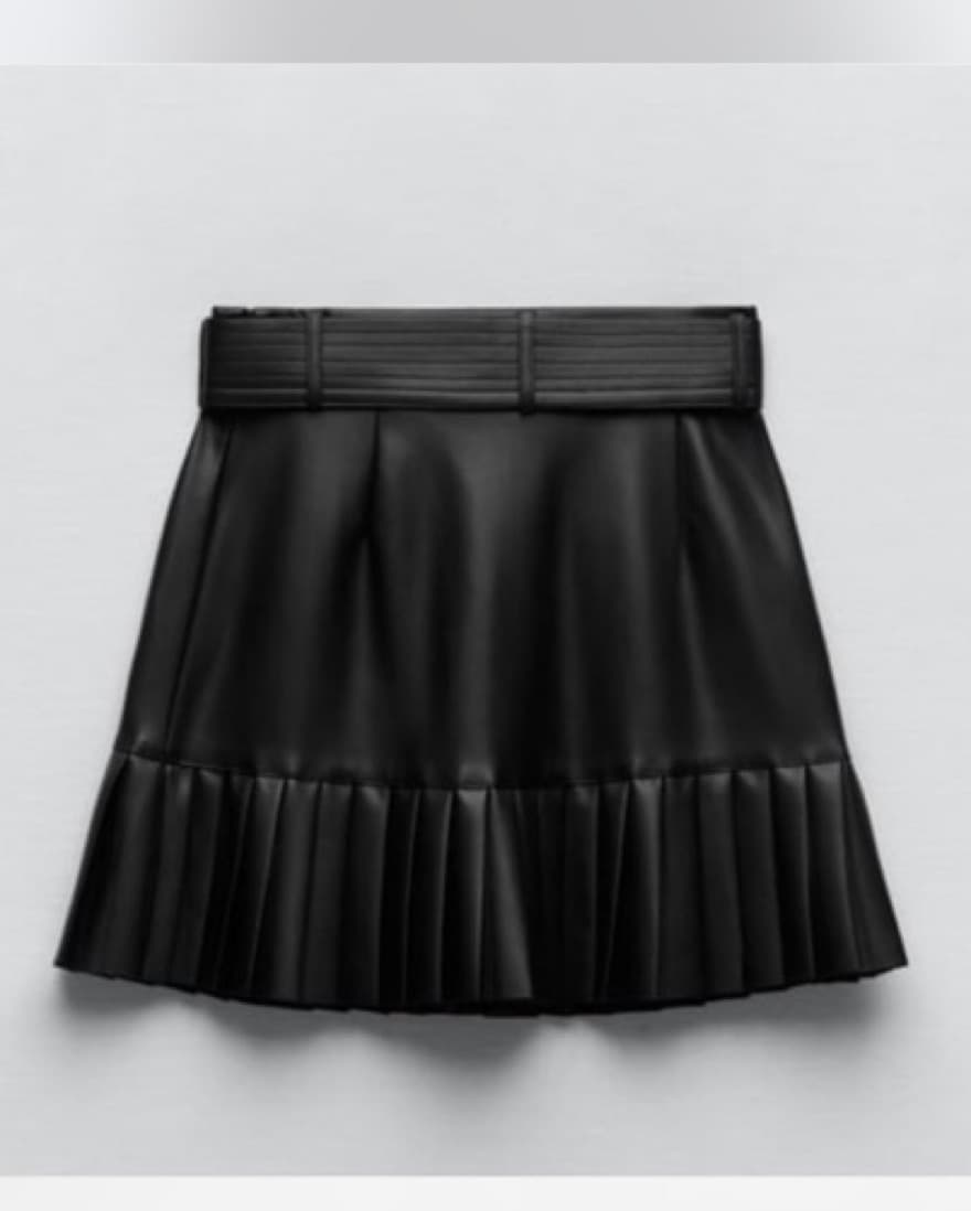 Zara Black Belted Pleated Leather Skirt - Image 2
