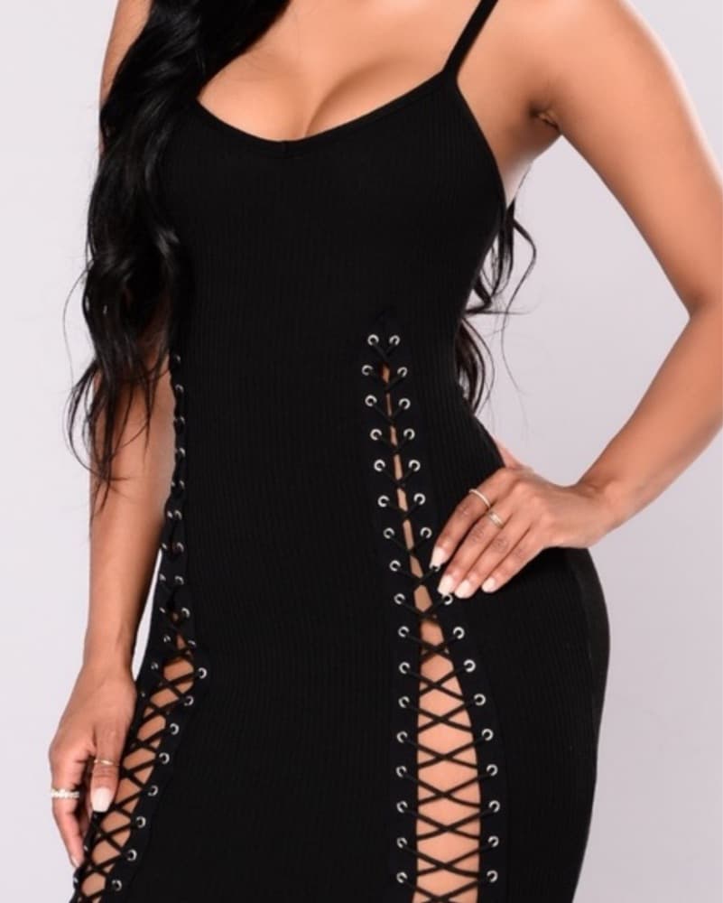 Lace-Up Black Midi Dress - Image 2