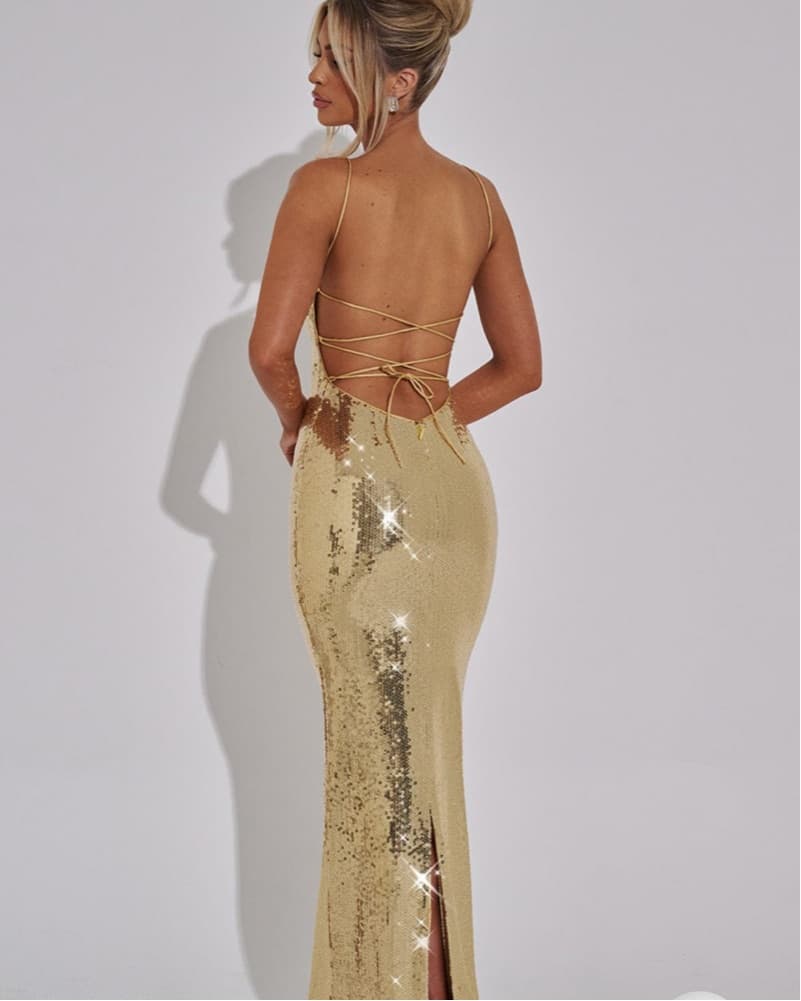 Gold Sequin Maxi Dress Size L fits SizeM - Image 2
