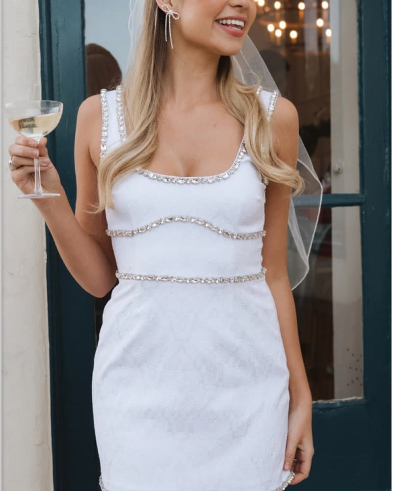 Elegant White Mini Dress with Crystal Embellishments - Image 2