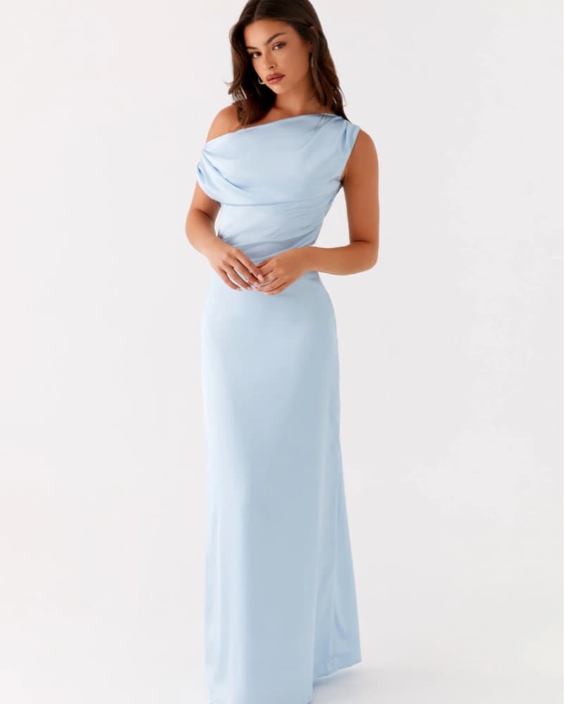One shoulder satin baby blue maxi dress - Image 1