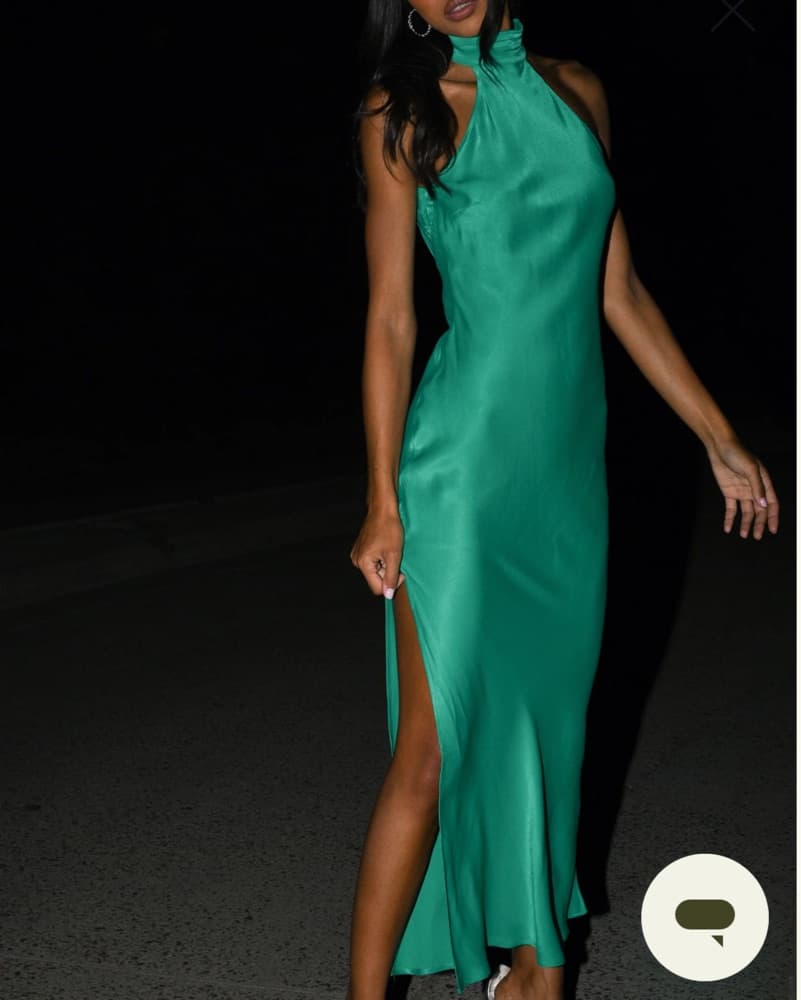 Green Satin Drape Back Dress - Image 1