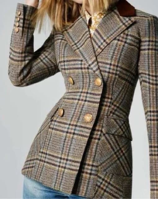 Smythe Tan Plaid Double-Breasted Blazer | Corporatec Chic, Office, Elegant blazer - Image 3