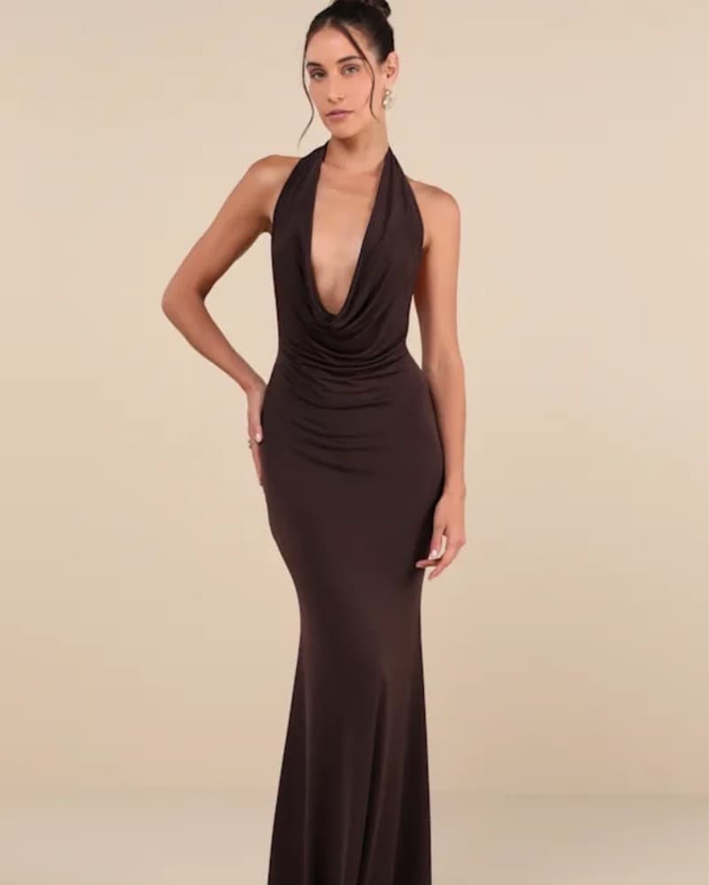 Dark Brown Cowl Neck Halter Maxi Dress - Image 1