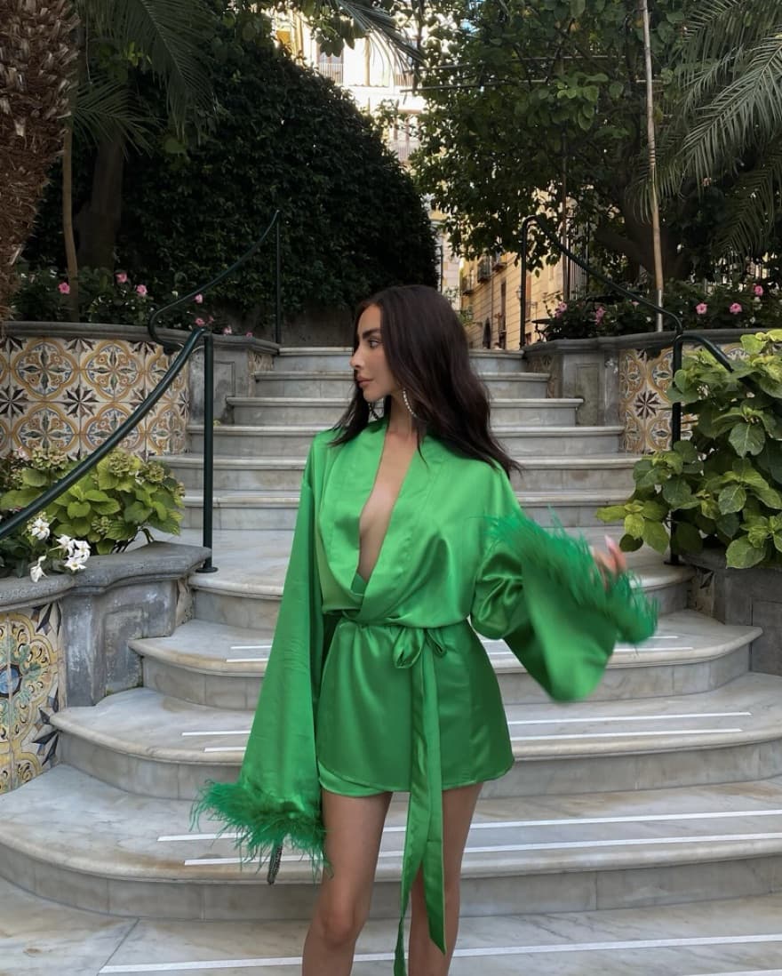100% Silk & Feather Luxe Dress Green - Image 2