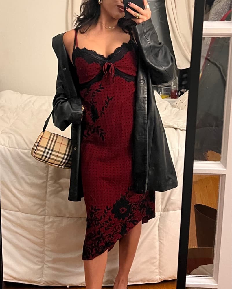 Vintage Red Floral Polka Dot Lace Dress - Image 1