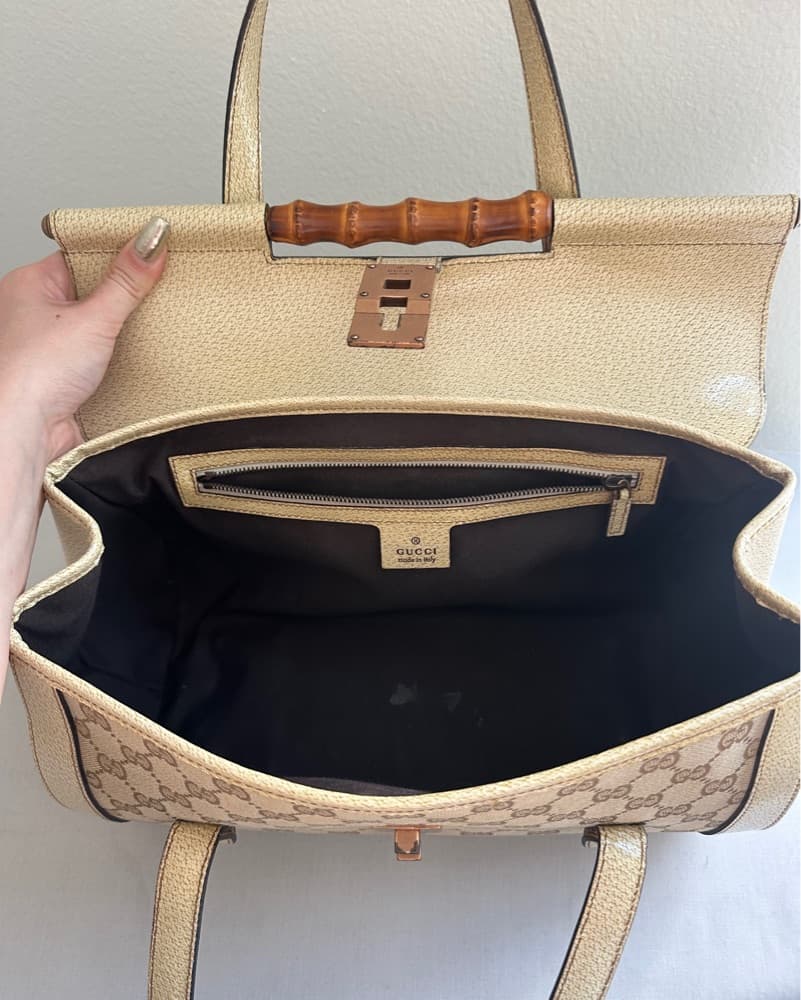 Gucci Beige Monogram Satchel Handbag - Image 3
