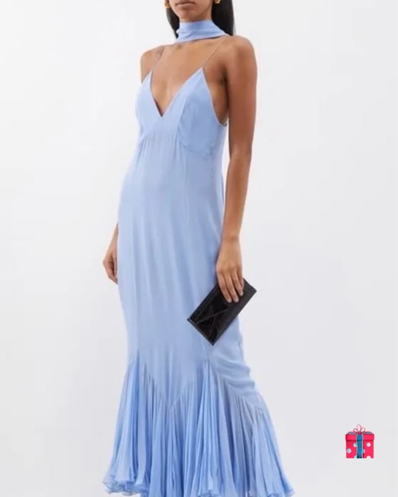  Backless Blue Maxi Dress With Scarf - Image 1