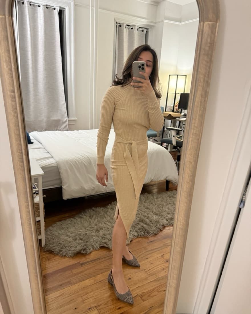 Turtleneck Beige Ribbed Fine Knit Dress - Image 3