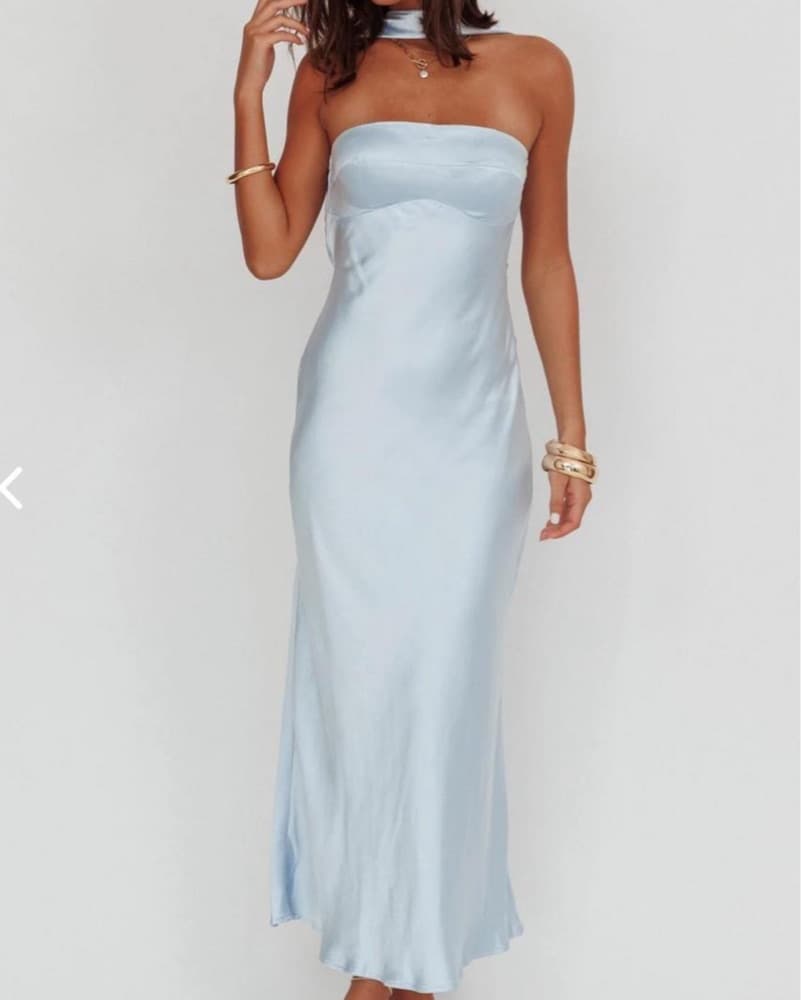 Blue Satin Neck Drape Strapless Dress - Image 1