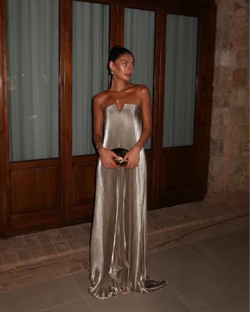 L’idee Gold Pleated Black Tie Gown - Image 2