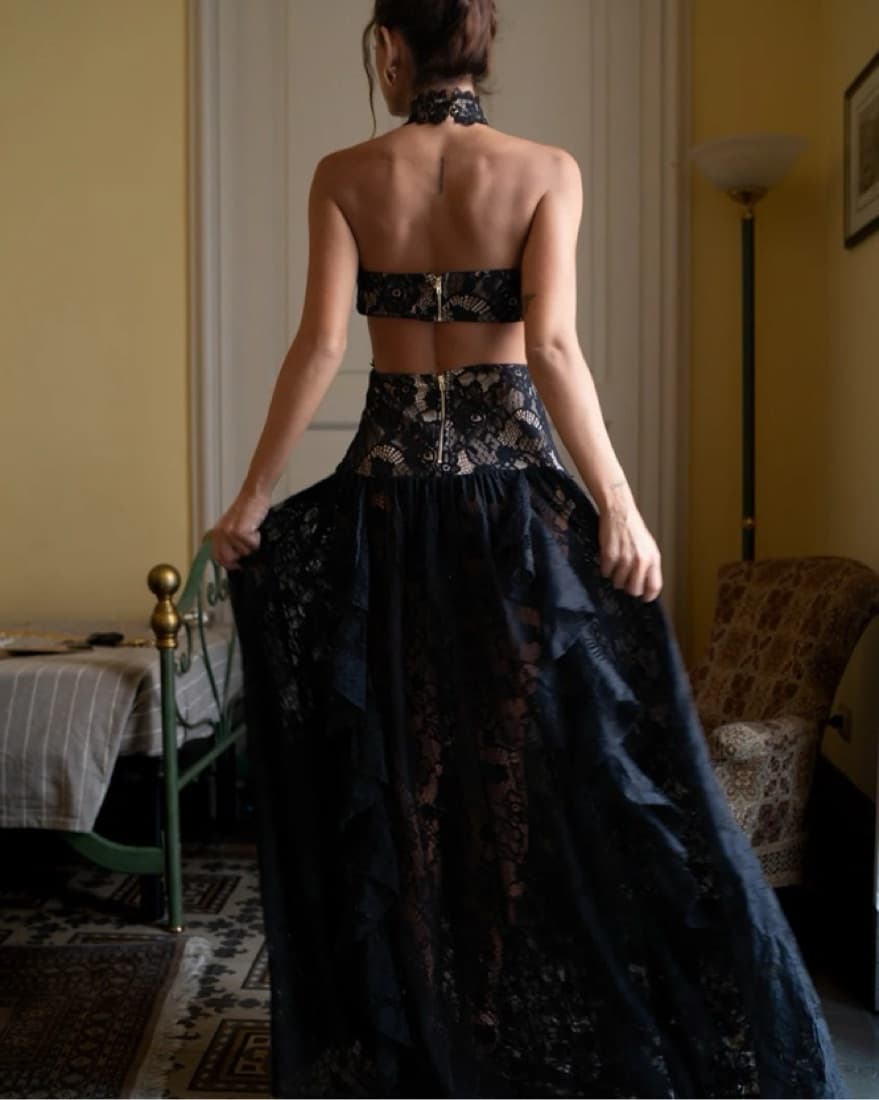 Princesa Black Lace Drop Waist Maxi Dres - Image 2