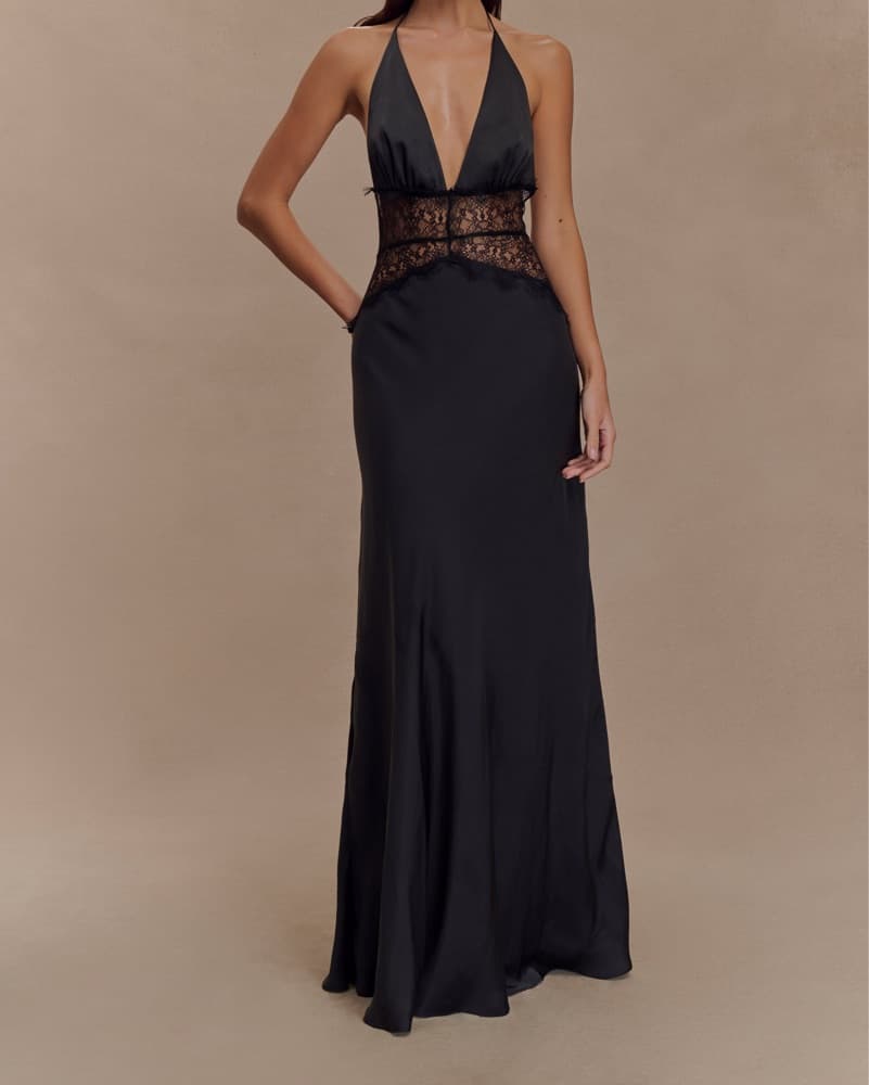 Lace Satin Black Long Dress - Image 1