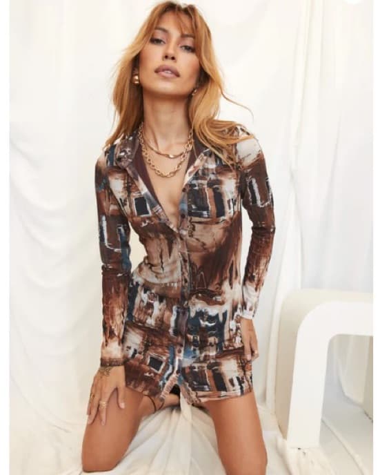 Pollock Brown Button Up Mesh Dress - Image 2