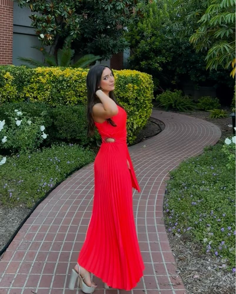 Vibrant Red Pleated Maxi Dress - Image 3