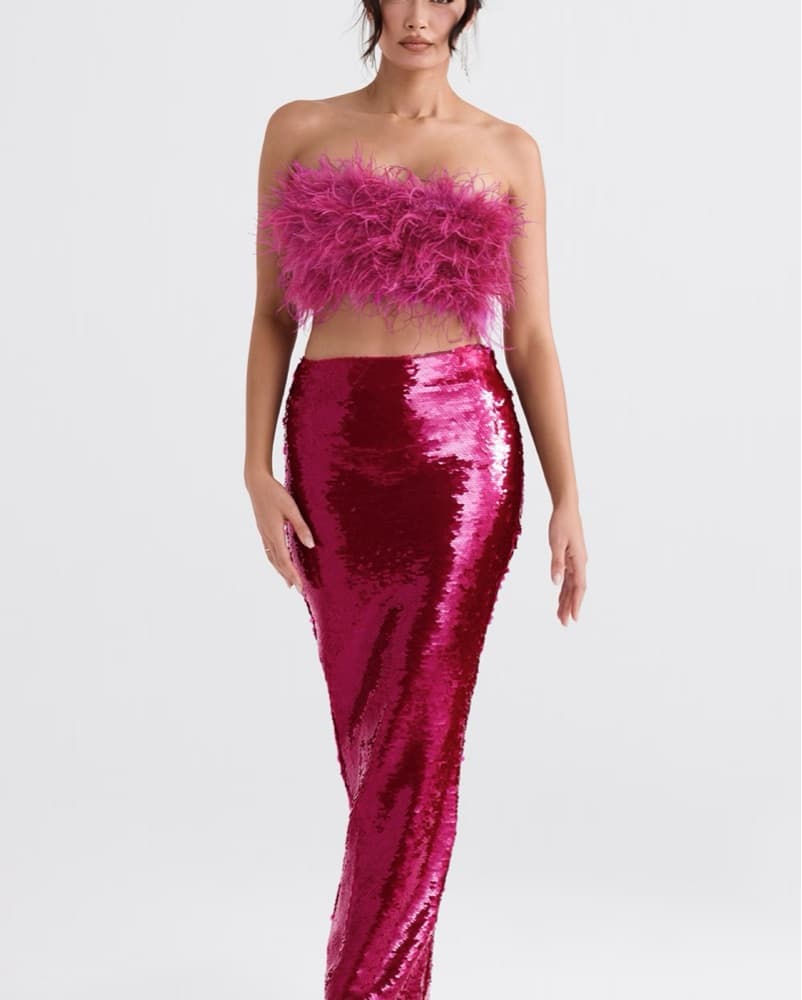 Vibrant Fuchsia Feather Crop Top and Sequin Skirt Set - Image 1