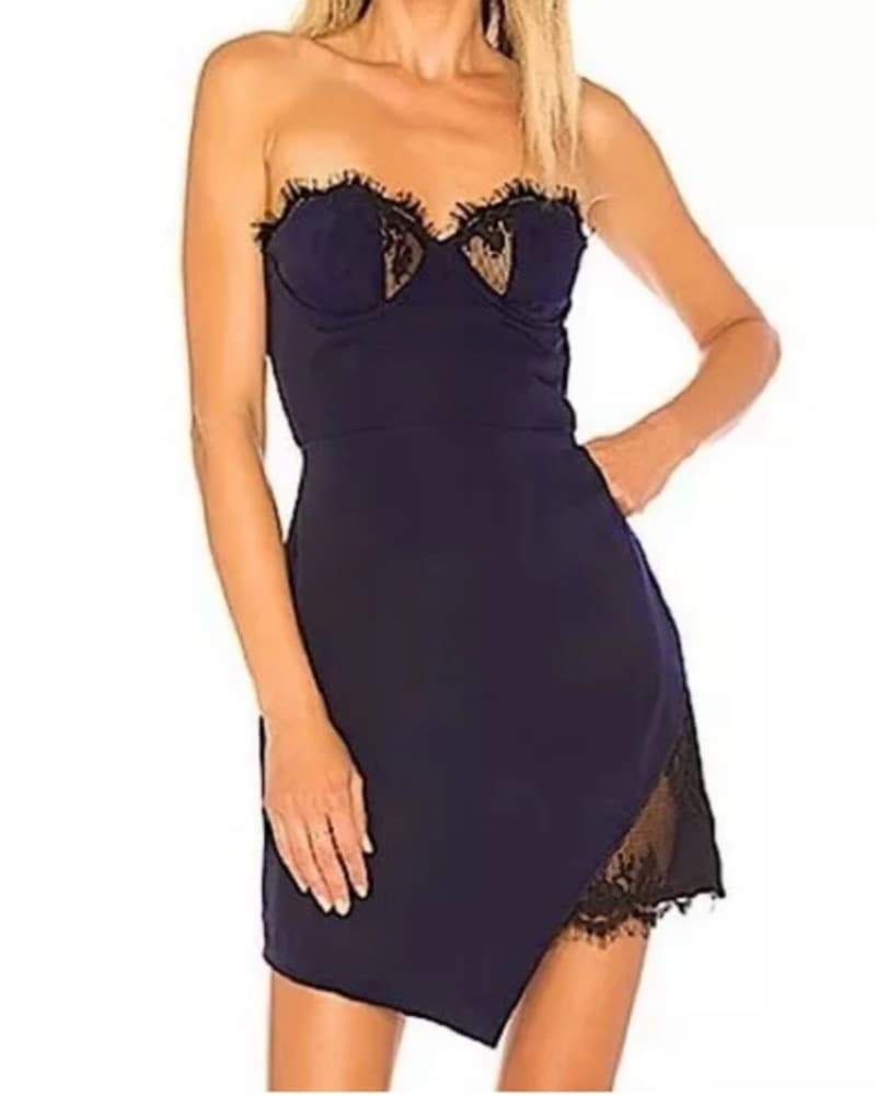 Navy And Black Lace Strapless Mini Dress - Image 4