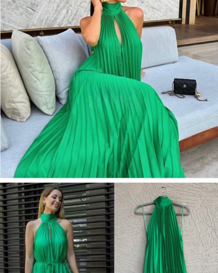 MANGO Green Pleated Tie Neck Halter Midi - Image 5